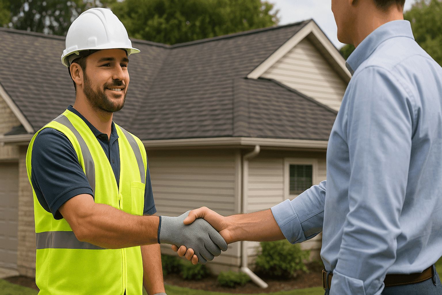 Técnico estrechando la mano del propietario fuera de un trabajo de techado terminado
