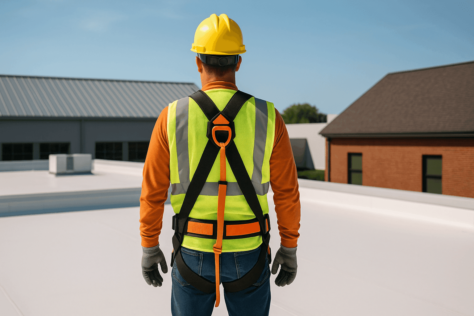 Technician inspecting multiple commercial roofing systems on adjacent buildings