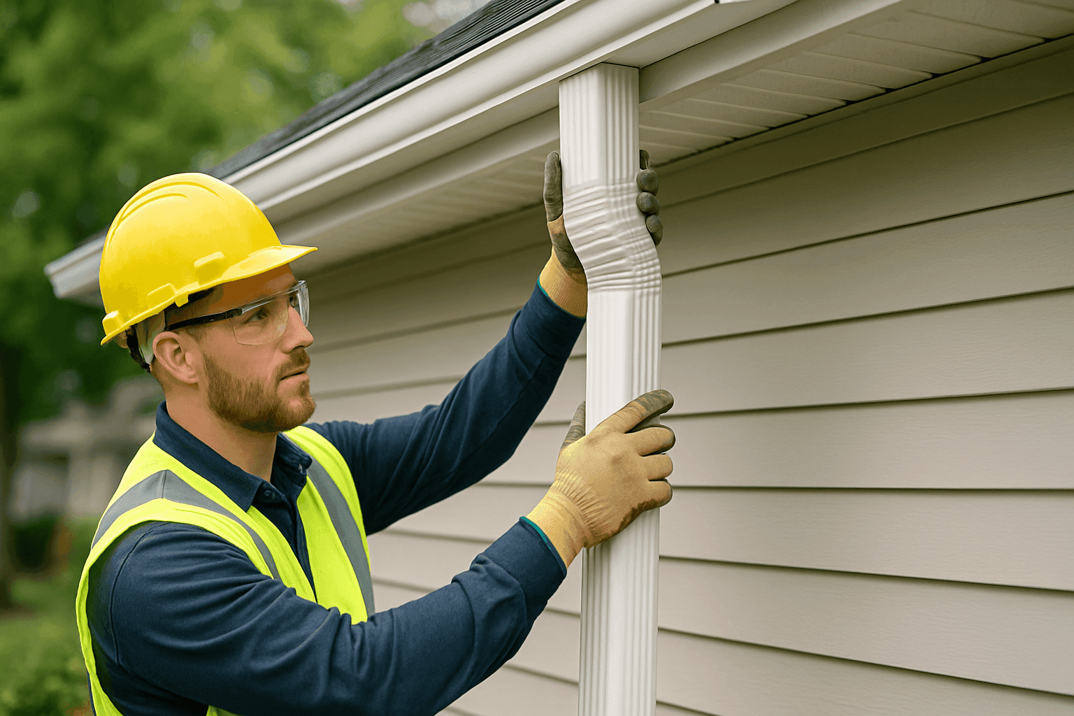 Técnico instalando un nuevo bajante en un sistema de canaletas residencial