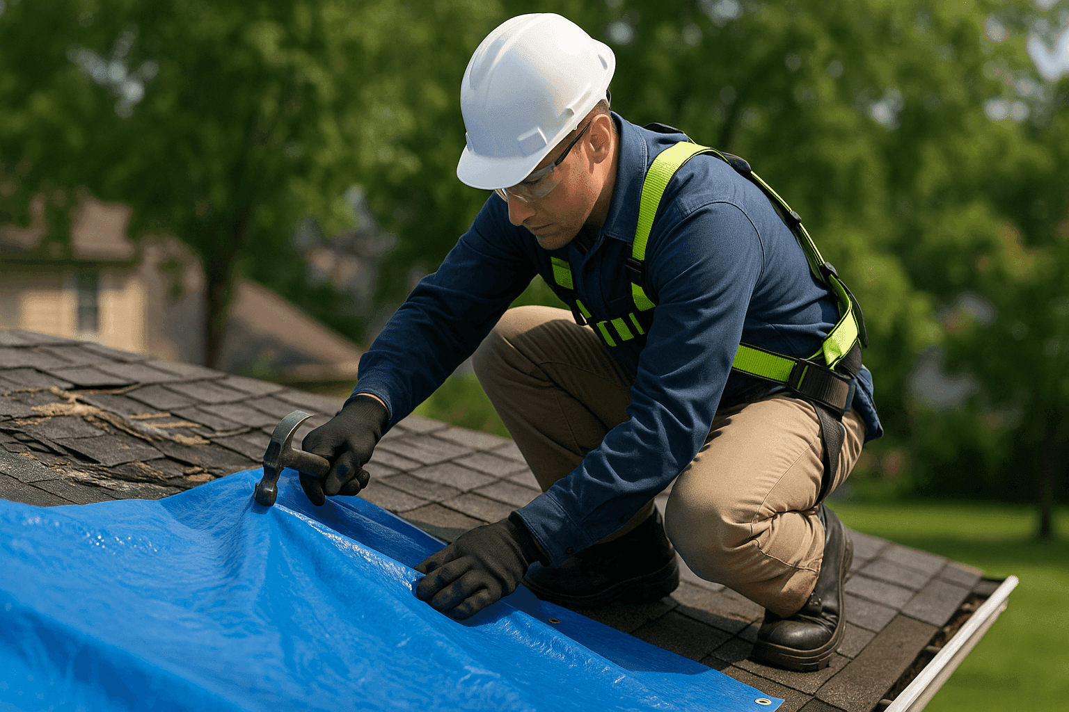 Roofing technician securing emergency tarp on residential roof after storm