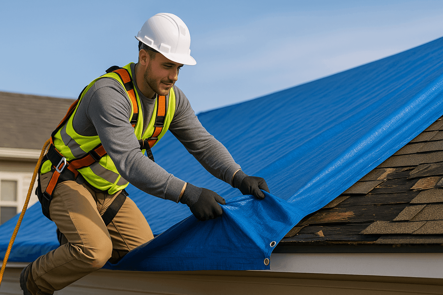 Roofing technician applying emergency tarp to storm-damaged residential roof