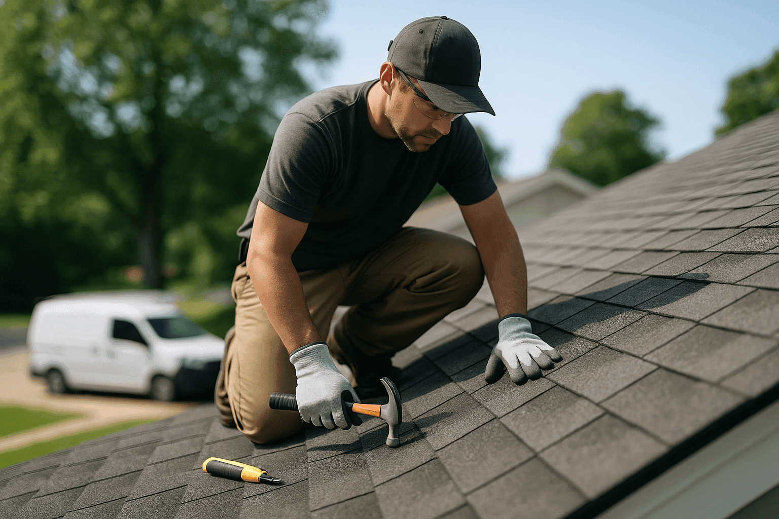 Roofer performing a detailed roof inspection on a residential shingle roof