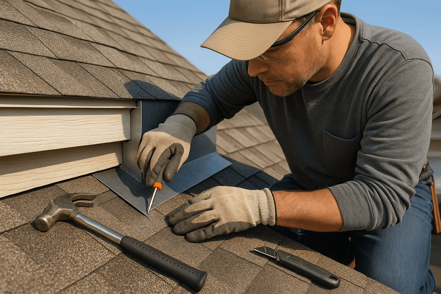 Roofing expert repairing metal roof flashing on a shingle roof to prevent leaks