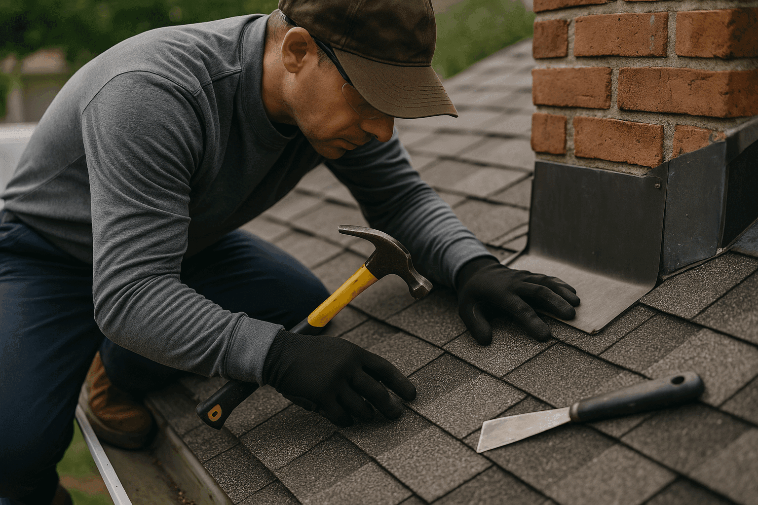 Roofer inspecting roof flashing and shingles for leaks