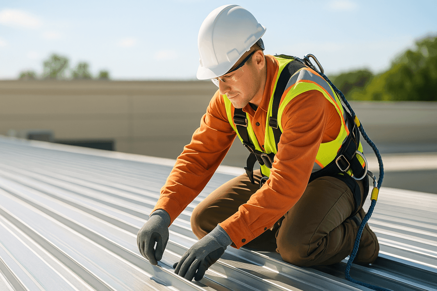 Técnico instalando paneles de techo metálico tipo standing seam en un edificio comercial