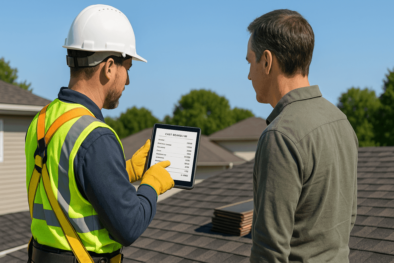 Roofing technician reviewing costs with homeowner using a digital tablet on-site