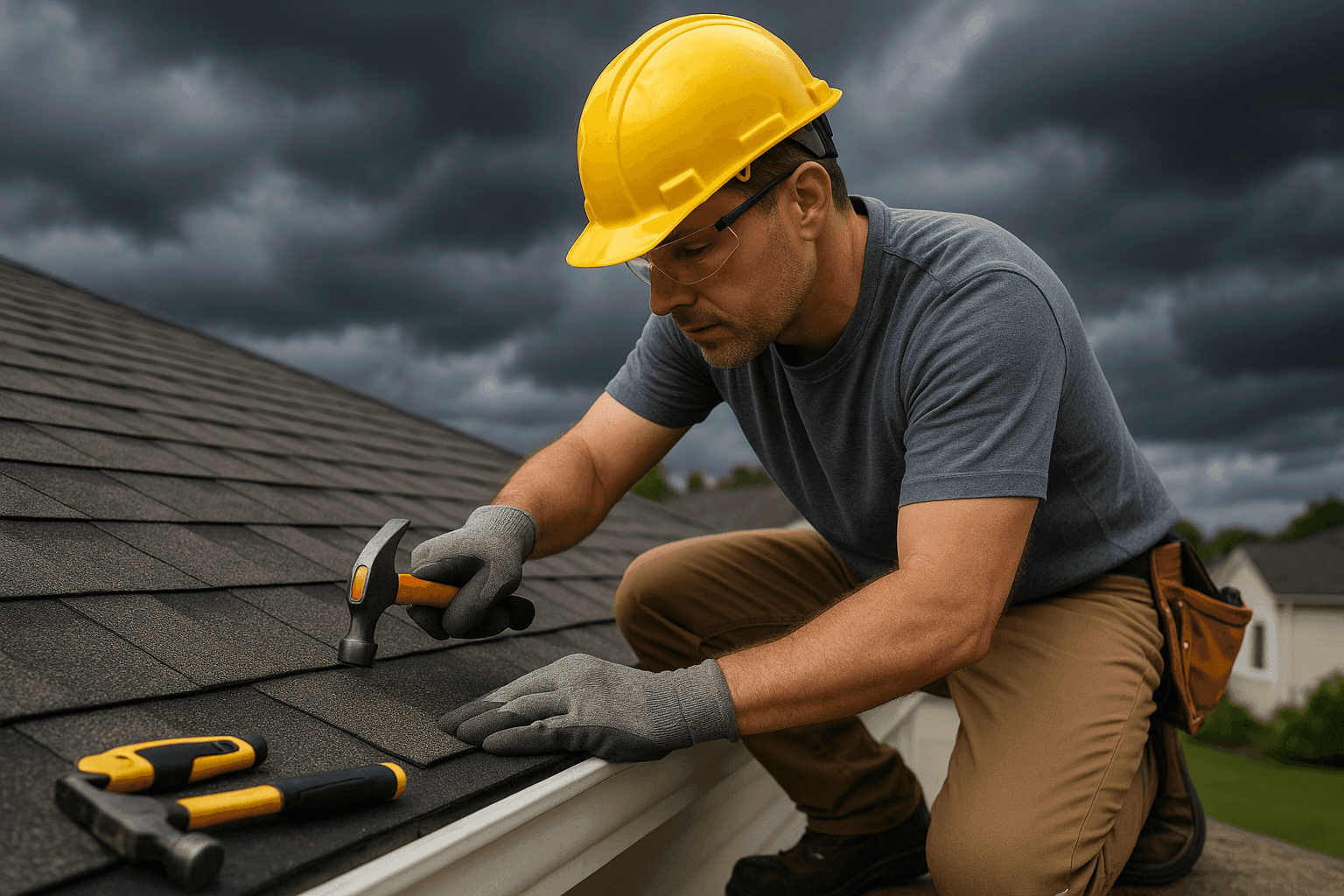 Professional roofer inspecting residential roof shingles before severe weather