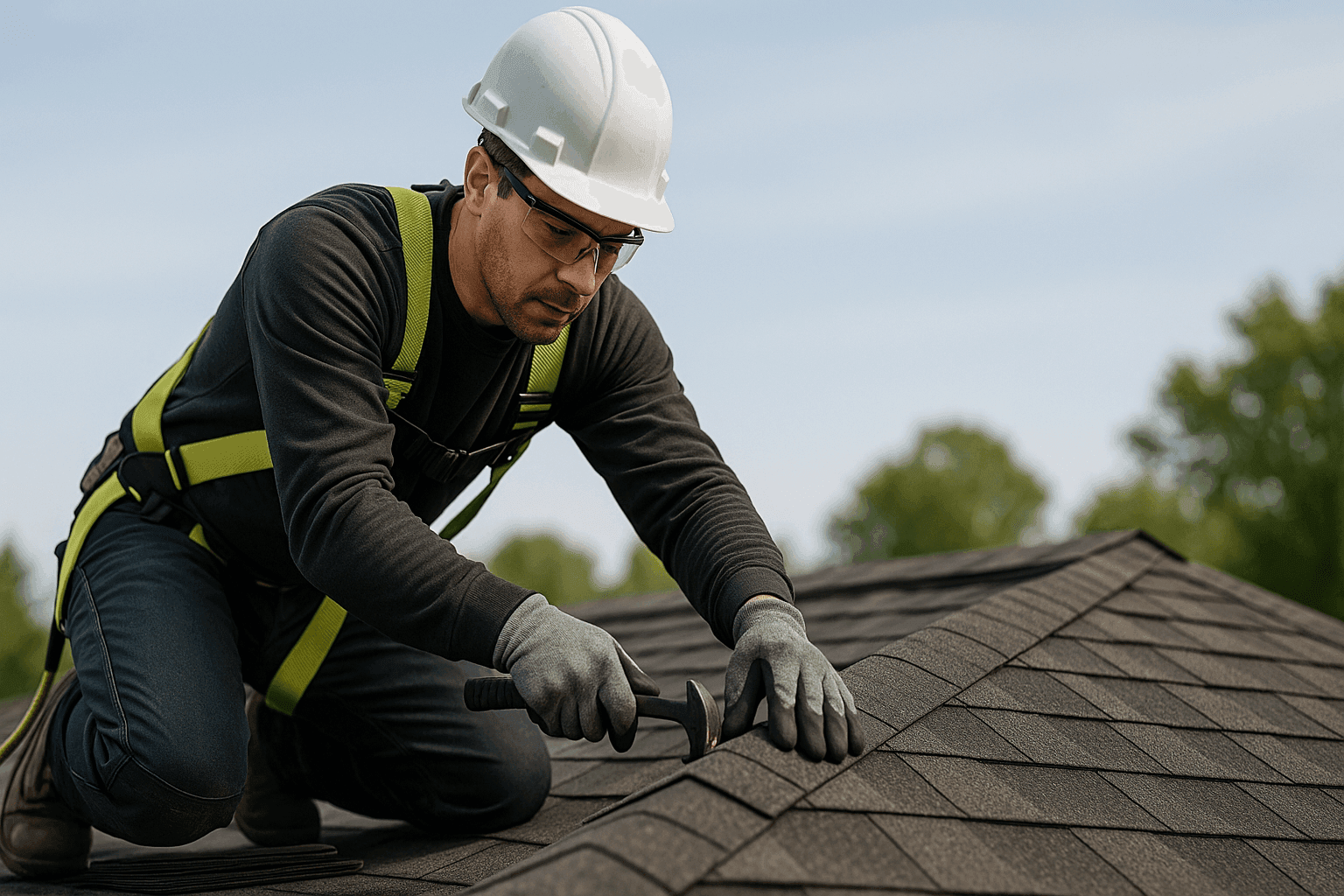 Technician installing ridge cap shingles on top of a residential roof
