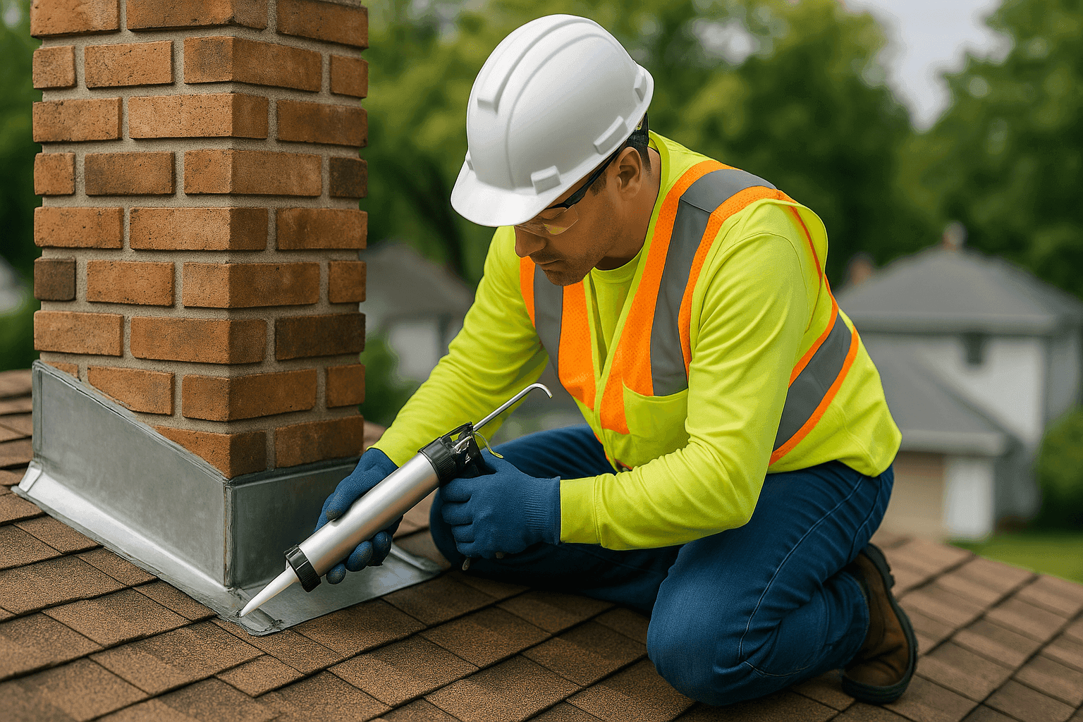 Técnico sellando el tapajuntas de una chimenea en un techo residencial con pistola de calafateo