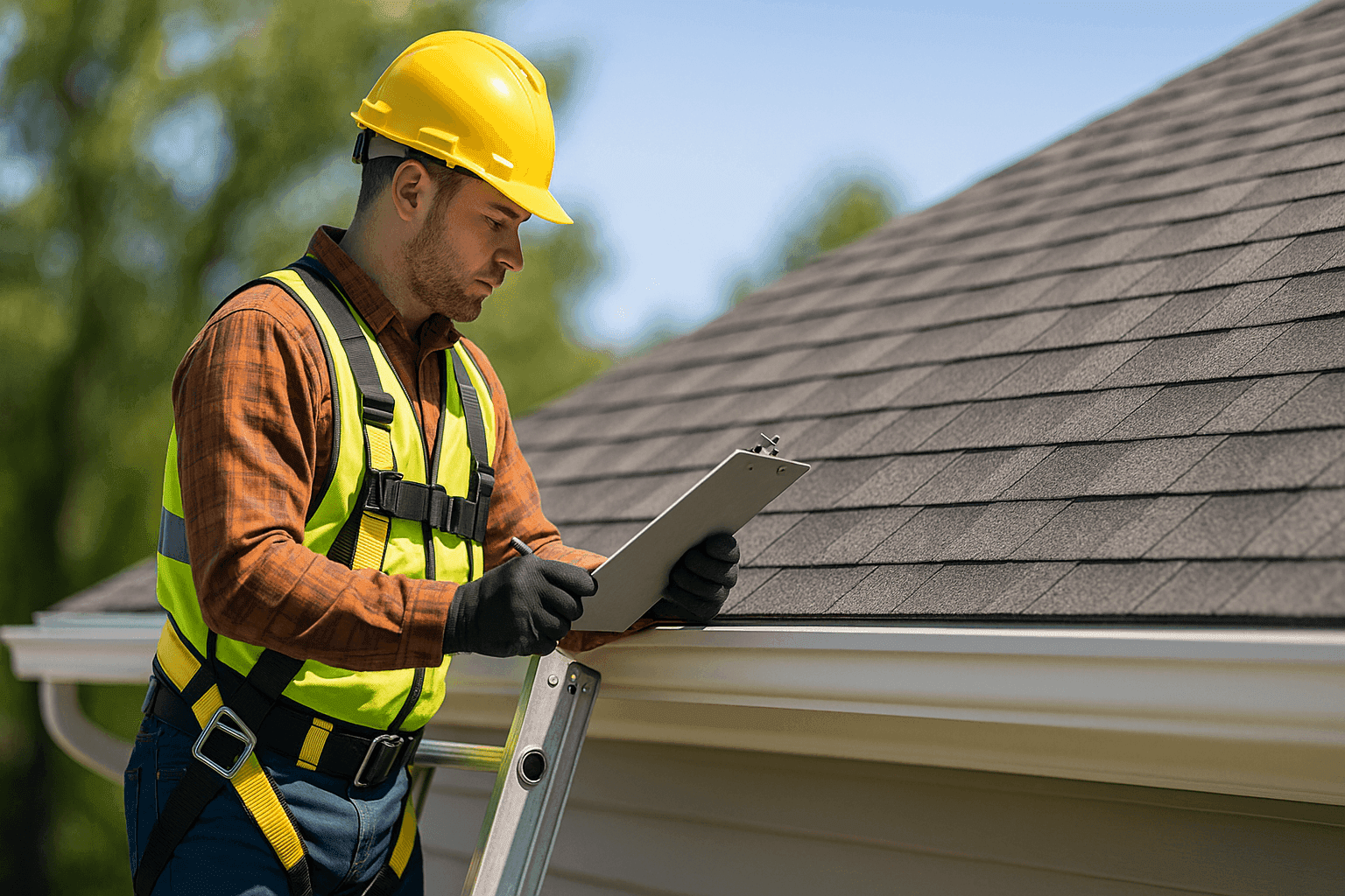 Técnico con portapapeles inspeccionando un techo residencial de tejas desde una escalera