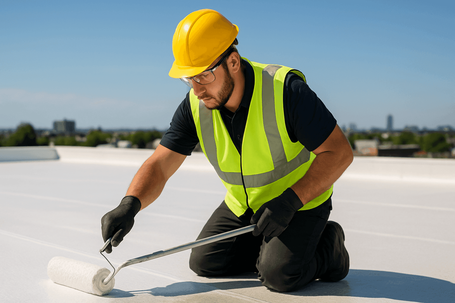 Technician applying white reflective sealant to a commercial flat roof