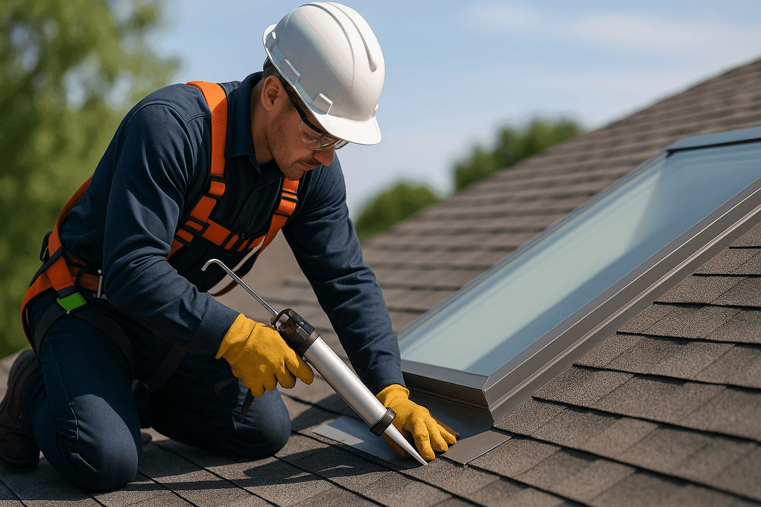 Technician sealing skylight flashing on a residential roof