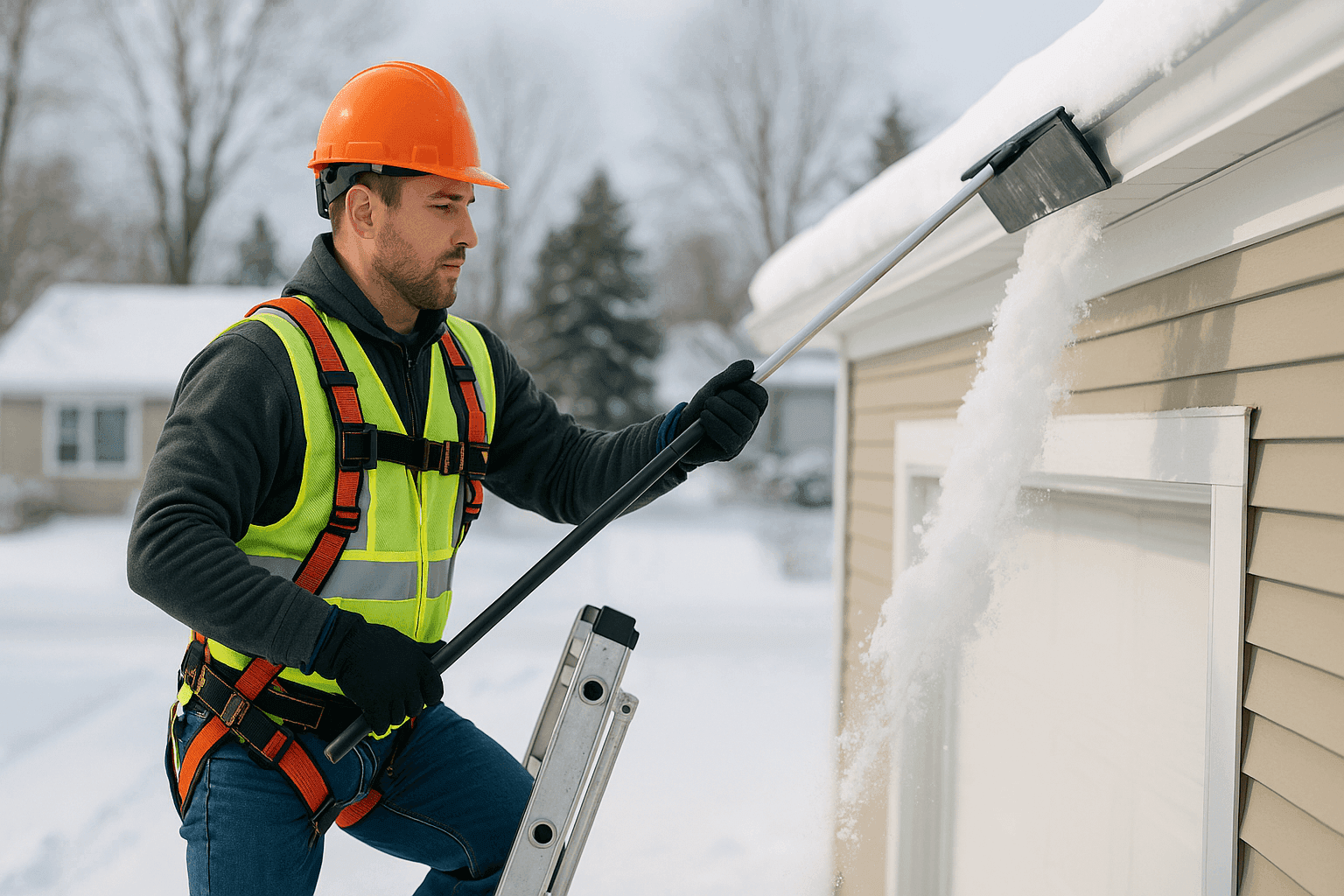 Technician removing snow from residential roof with roof rake in winter